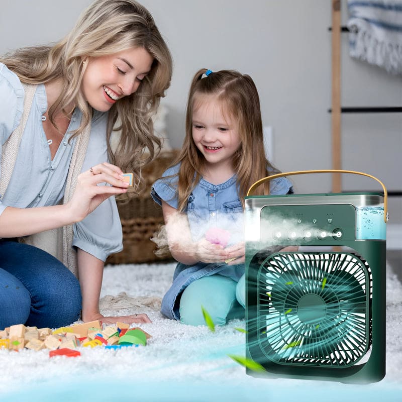 Portable Mini Air Cooler Fan with Mist Spray & LED Light – USB Rechargeable Cooling Fan
