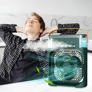 Portable Mini Air Cooler Fan with Mist Spray & LED Light – USB Rechargeable Cooling Fan