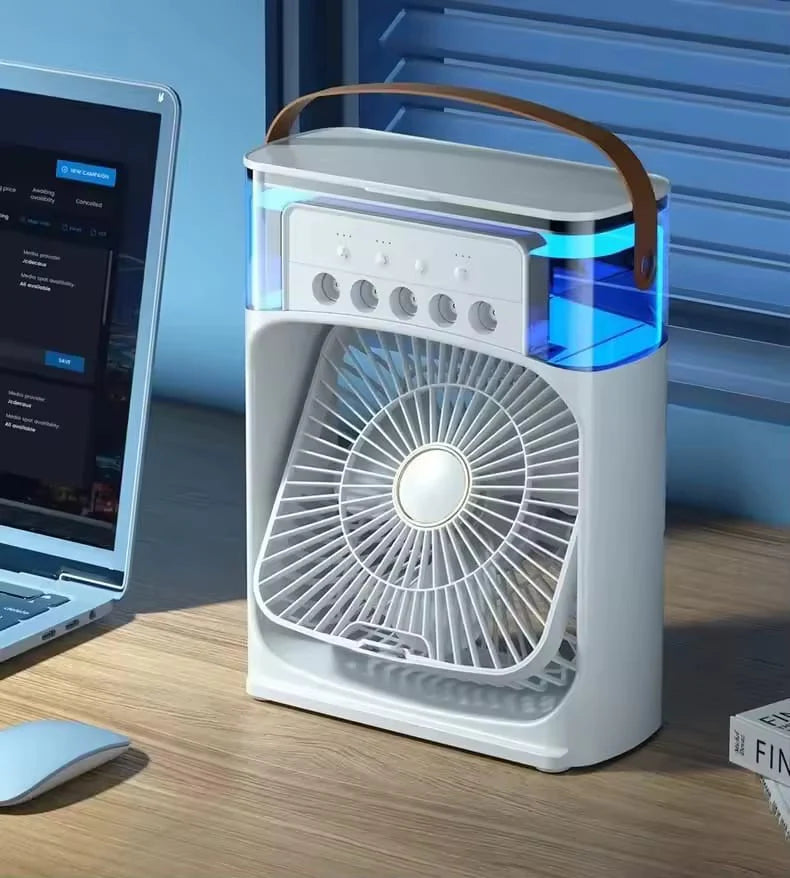 Portable Mini Air Cooler Fan with Mist Spray & LED Light – USB Rechargeable Cooling Fan